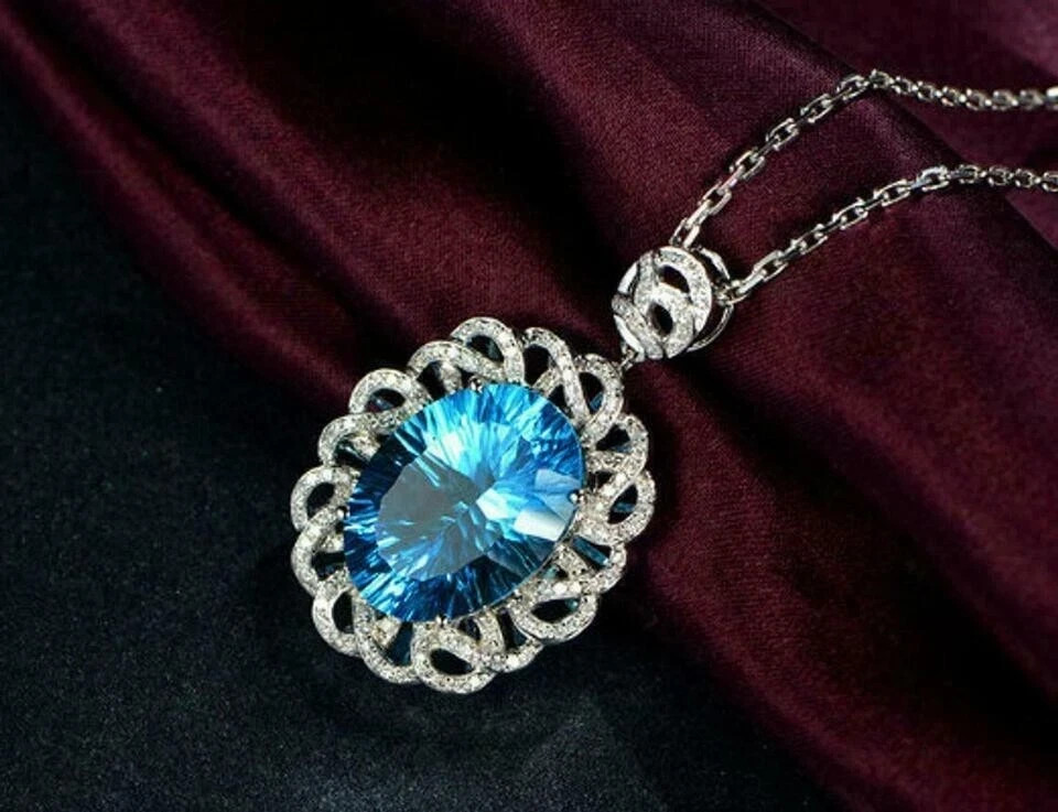 3.50Ct Oval Cut Blue Topaz Diamond Halo Pendant 14K White Gold Finish Free Chain