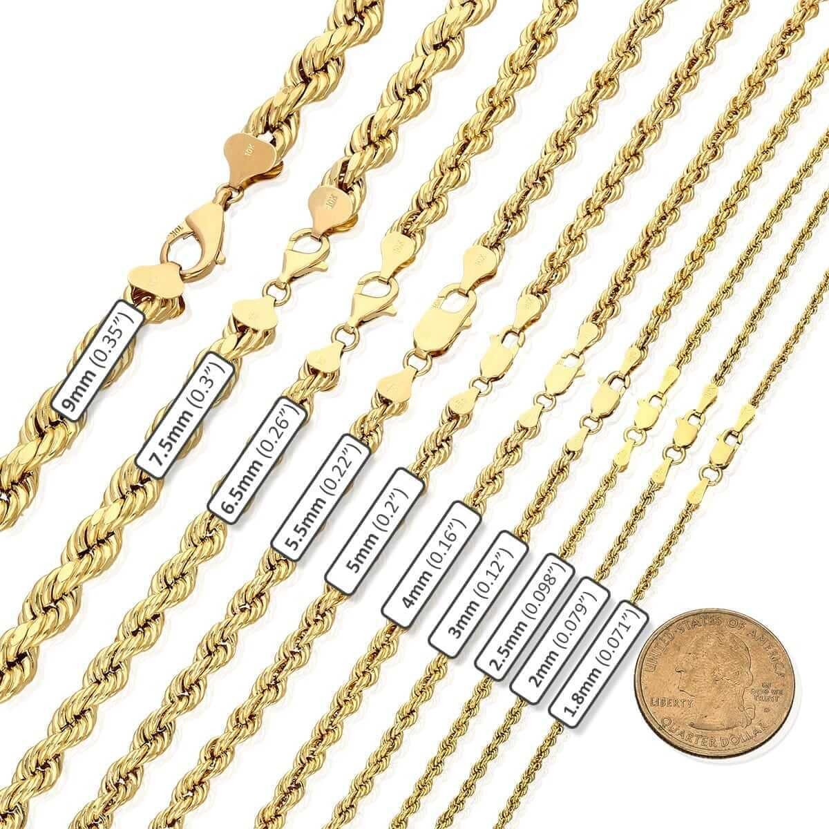 10K Real Gold 1.8mm-9mm Hollow Rope Chain Necklace 16″-30″