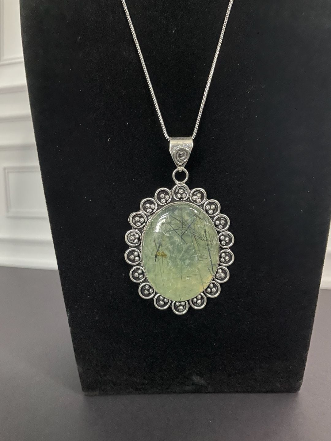 Oval Prehnite Pendant Necklace with Chain in German Silver