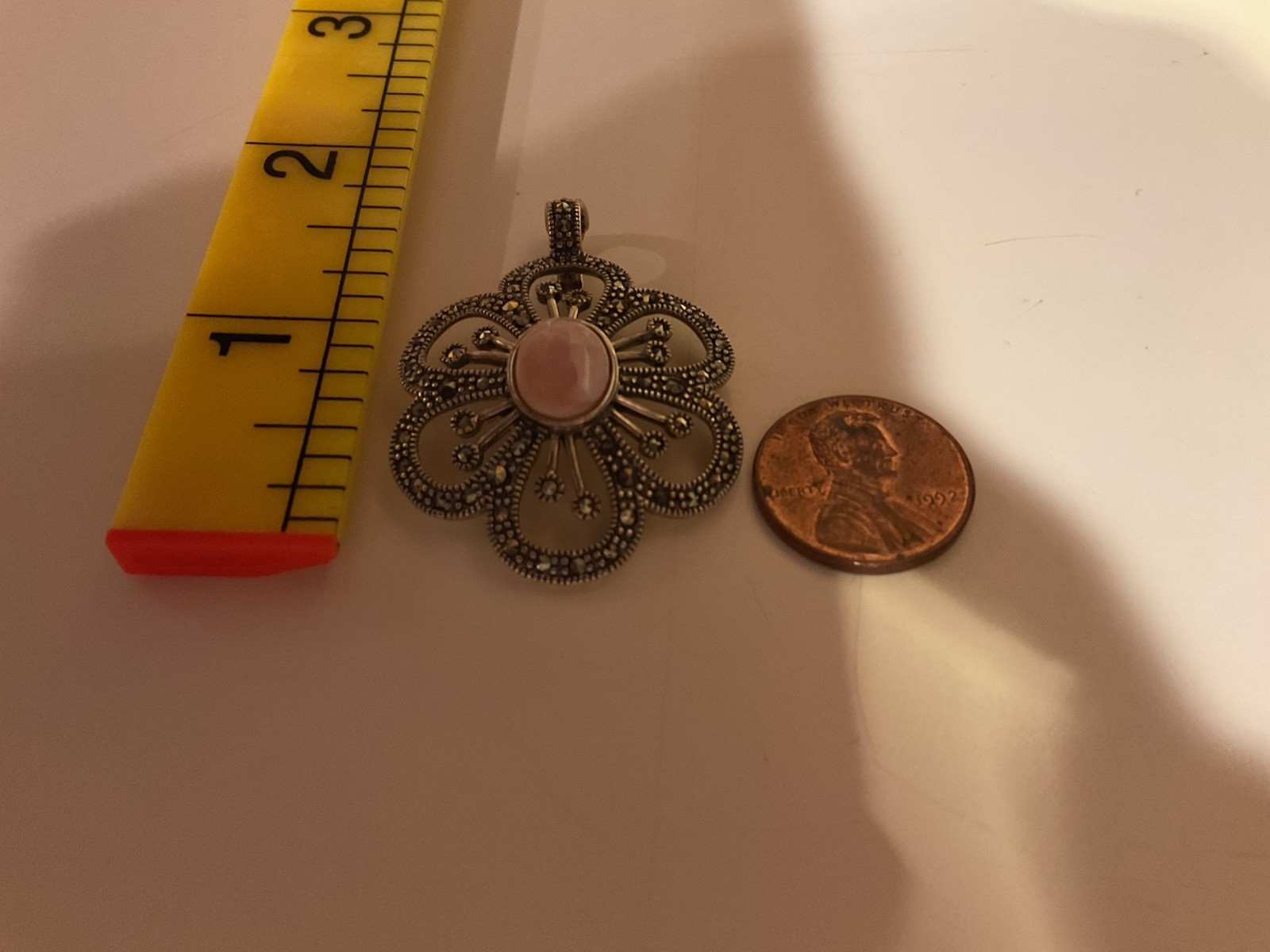 925 Sterling Silver Marcasite & Pink Mother Of Pearl Pendant