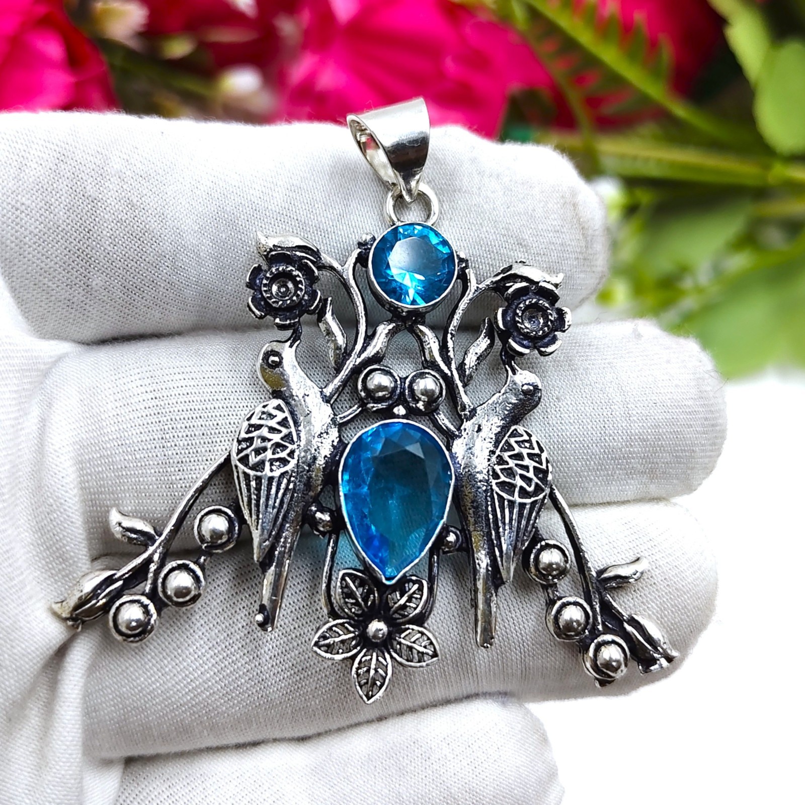 Swiss Blue Topaz Gemstone Handmade 925 Sterling Silver Jewelry Pendant Sz 2.25″