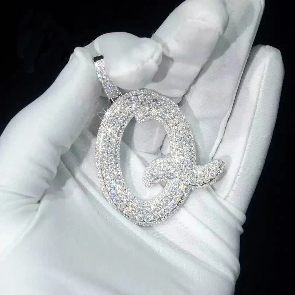 Men’s Initial Letter “Q” Pendant 3Ct Real Moissanite 14k White Gold Plated