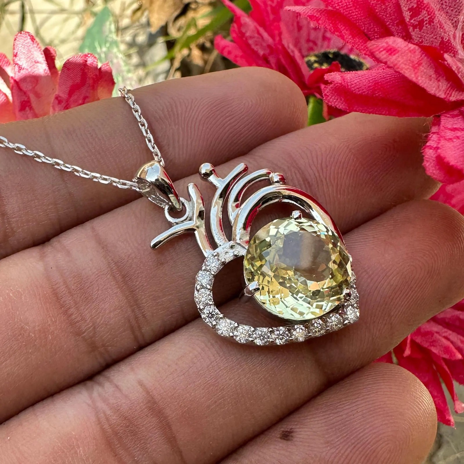 Certified Yellow Sapphire 30 Ct Heart Pendant Necklace 925 Sterling Silver