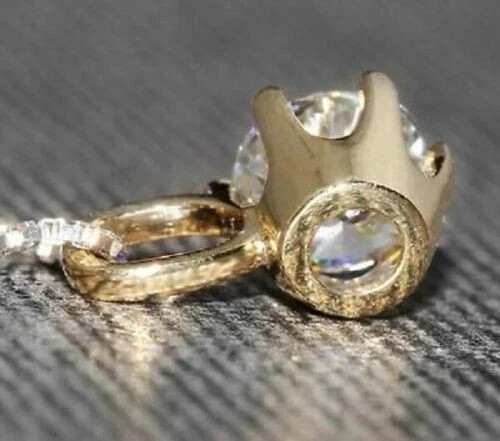 14K Yellow Gold Plated 2Ct Round Lab Created Diamond Solitaire Pendant Chain