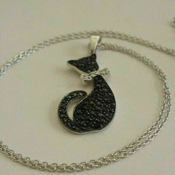 1Ct Round Lab Created Black Diamond Cat Pendant 14K White Gold Plated Free Chain