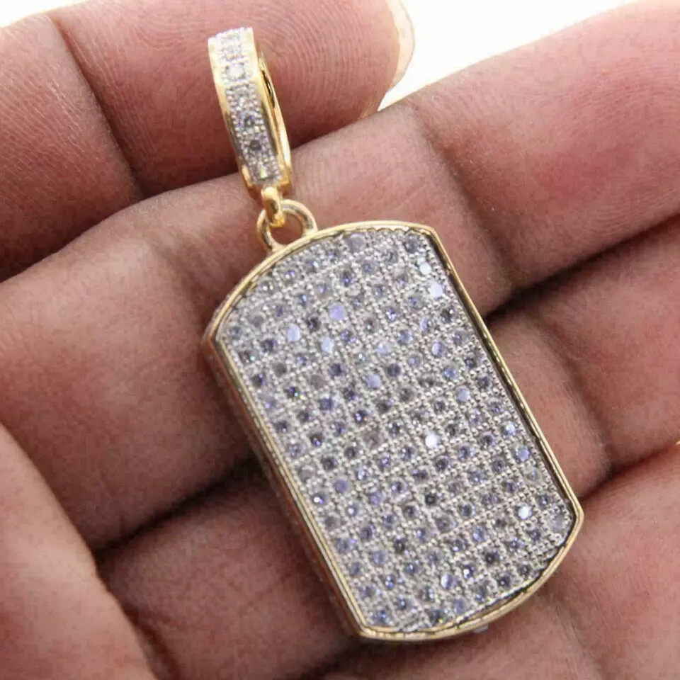 3Ct Round Cut D/VVS1 Diamond Dog Tag Pendant Charm 14k Yellow Gold Over