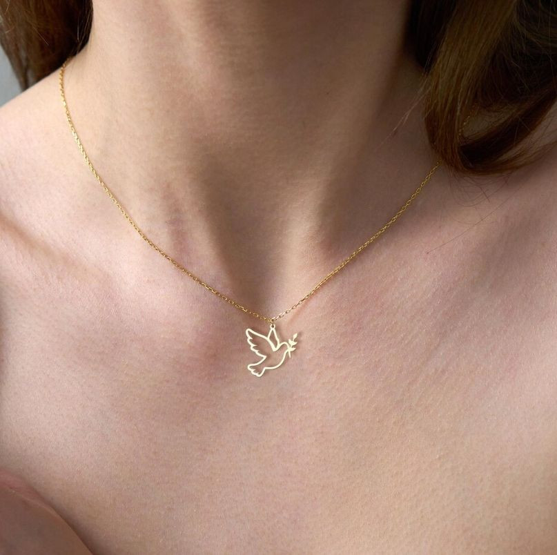 925 Gold Dove Pendant Necklace Peace Bird Olive Branch Charm Necklace Minimalist