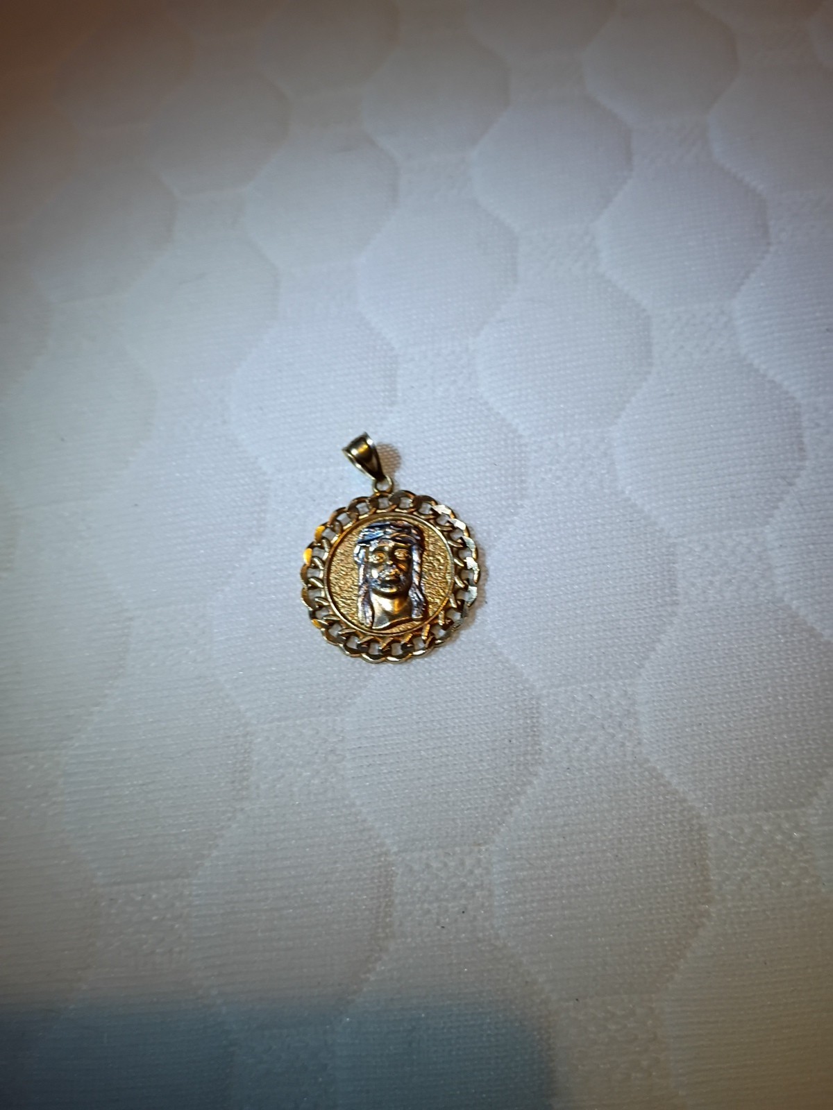 10K Gold Two-Tone Yellow White Textured Miami Cuban Jesus Head Pendant 1.1″