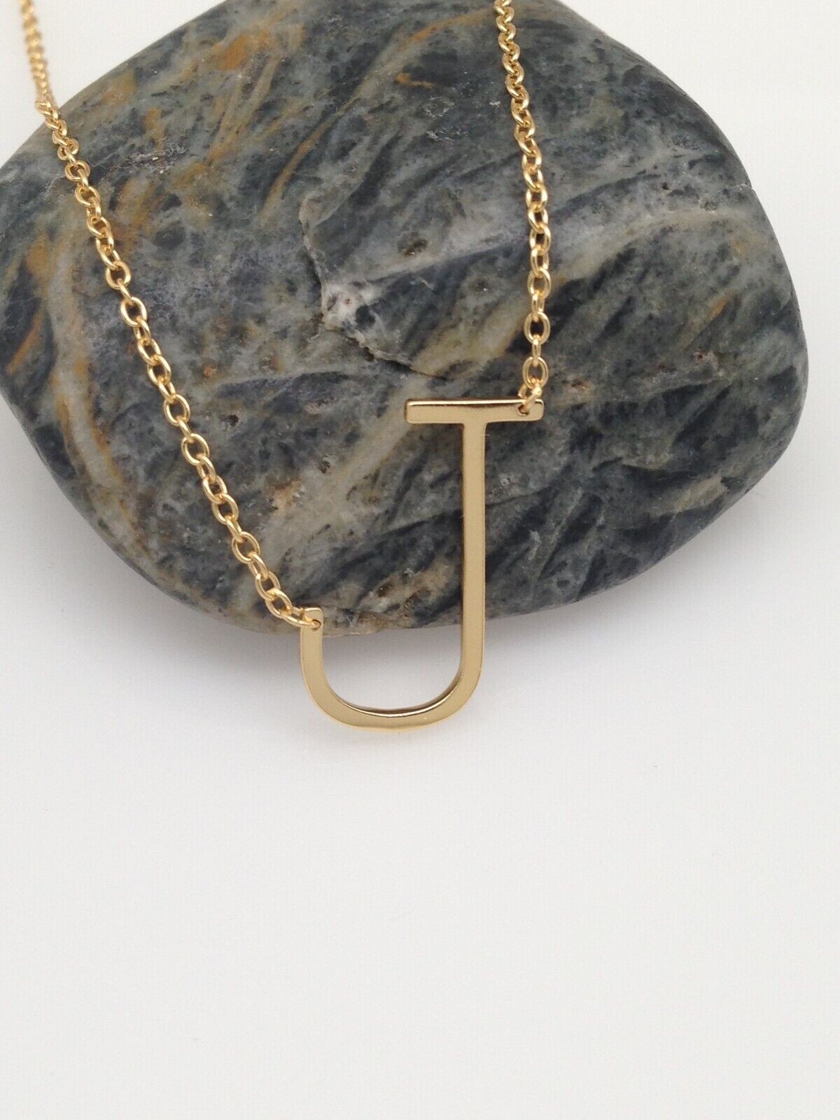 925 Sterling Silver Sideways Initial Letter J Pendant Necklace Gold 16mm Women