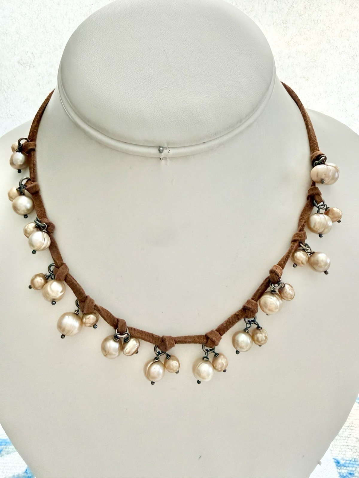 925 Sterling, Suede & Genuine Cream Freshwater PEARLS Cha Cha Station Necklace