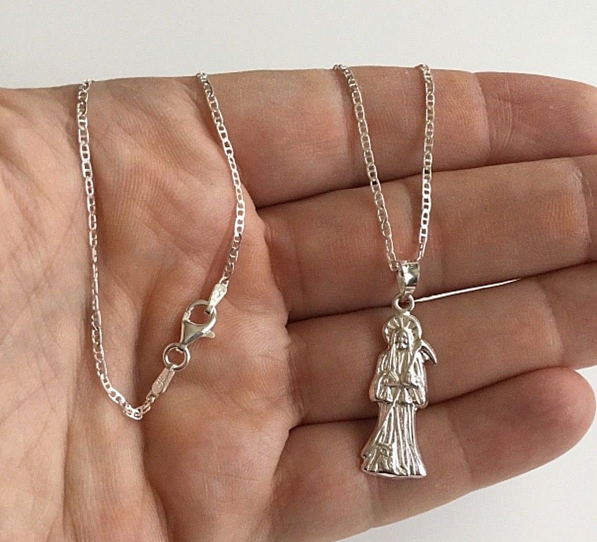 925 SILVER GRIM REAPER NECKLACE 18” LONG/CADENA DE LA SANTA MUERTE 18″ 32x10mm
