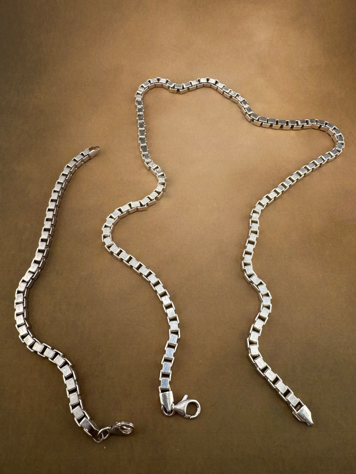 Matched Italian Sterling Silver Box Link Necklace Chain and Bracelet 22″ and 7″