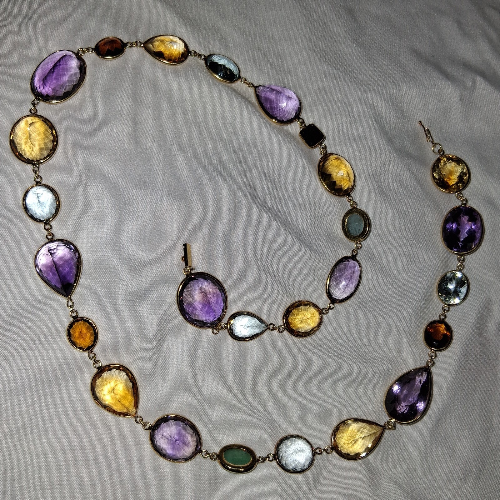 18k Yellow Gold multi color shape stone long necklace