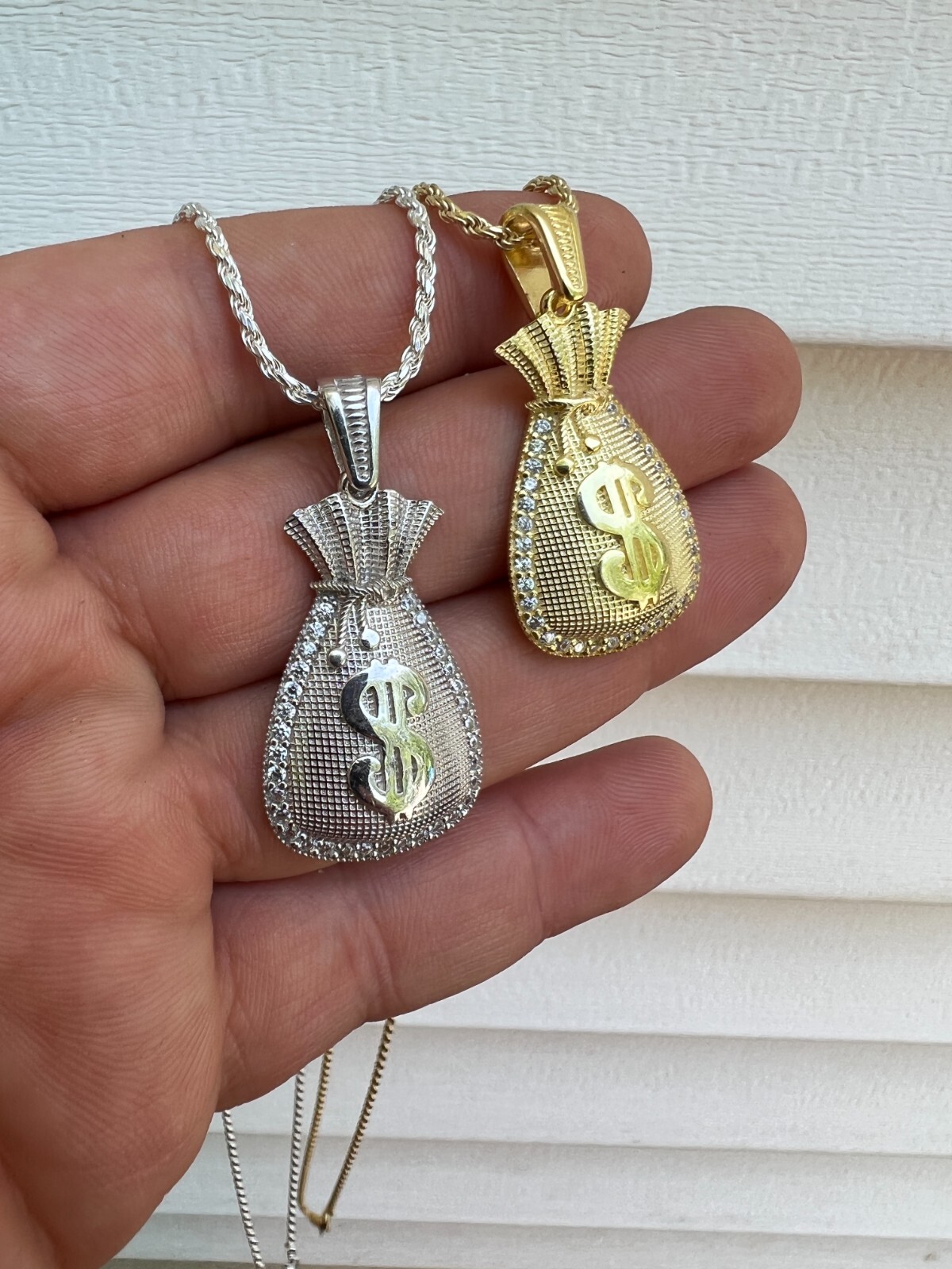 Real 925 Silver / 14k Gold Plated Money Bag Dollar Sign Pendant Necklace Iced CZ