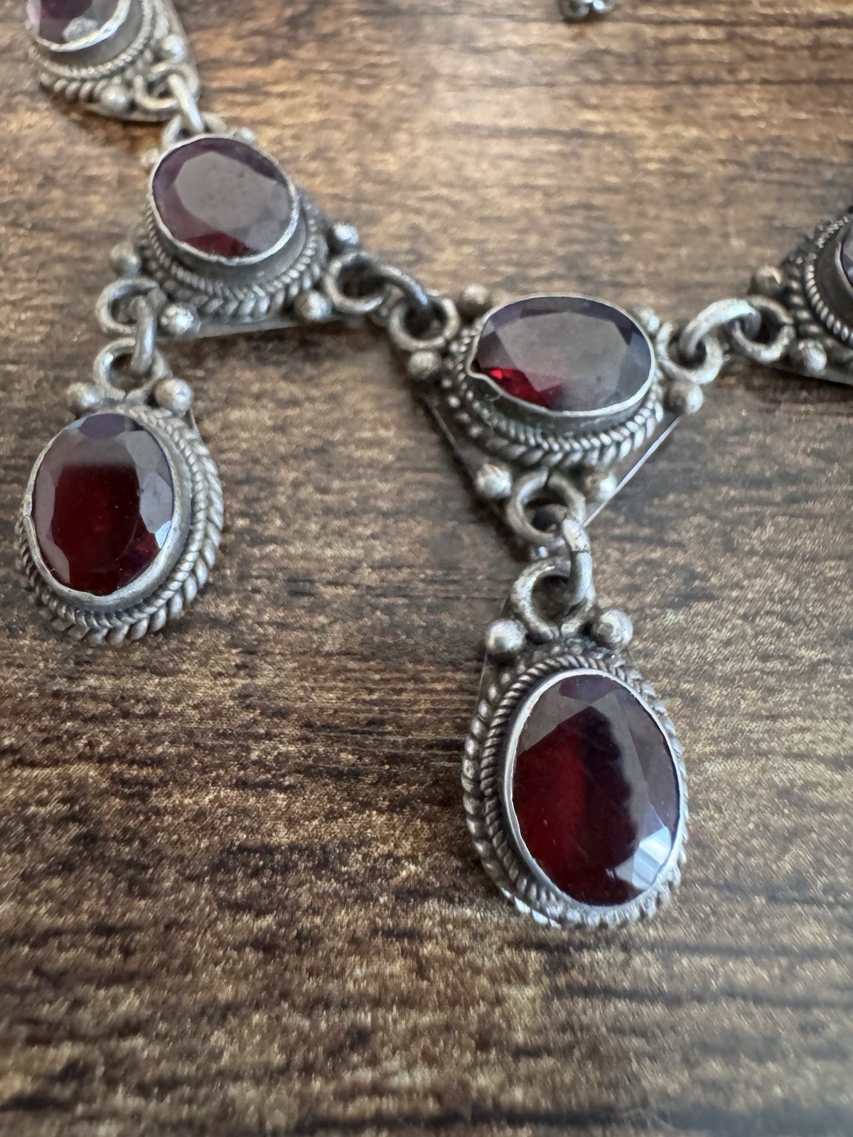 Vintage Sterling Silver 925 & 8 Garnet Cabochon Dangle Rope Necklace