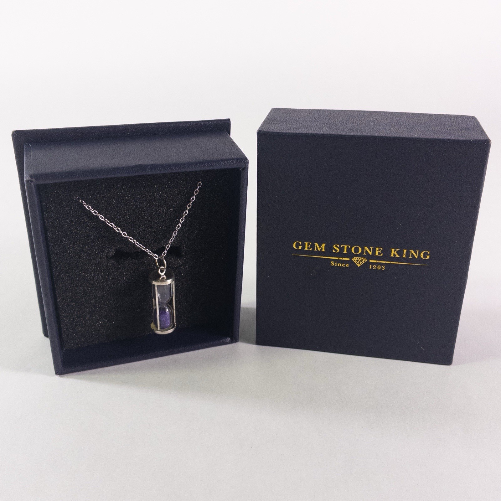 Sterling Silver 925 Amethyst Hourglass Time in Bottle Charm Pendant Necklace 18″