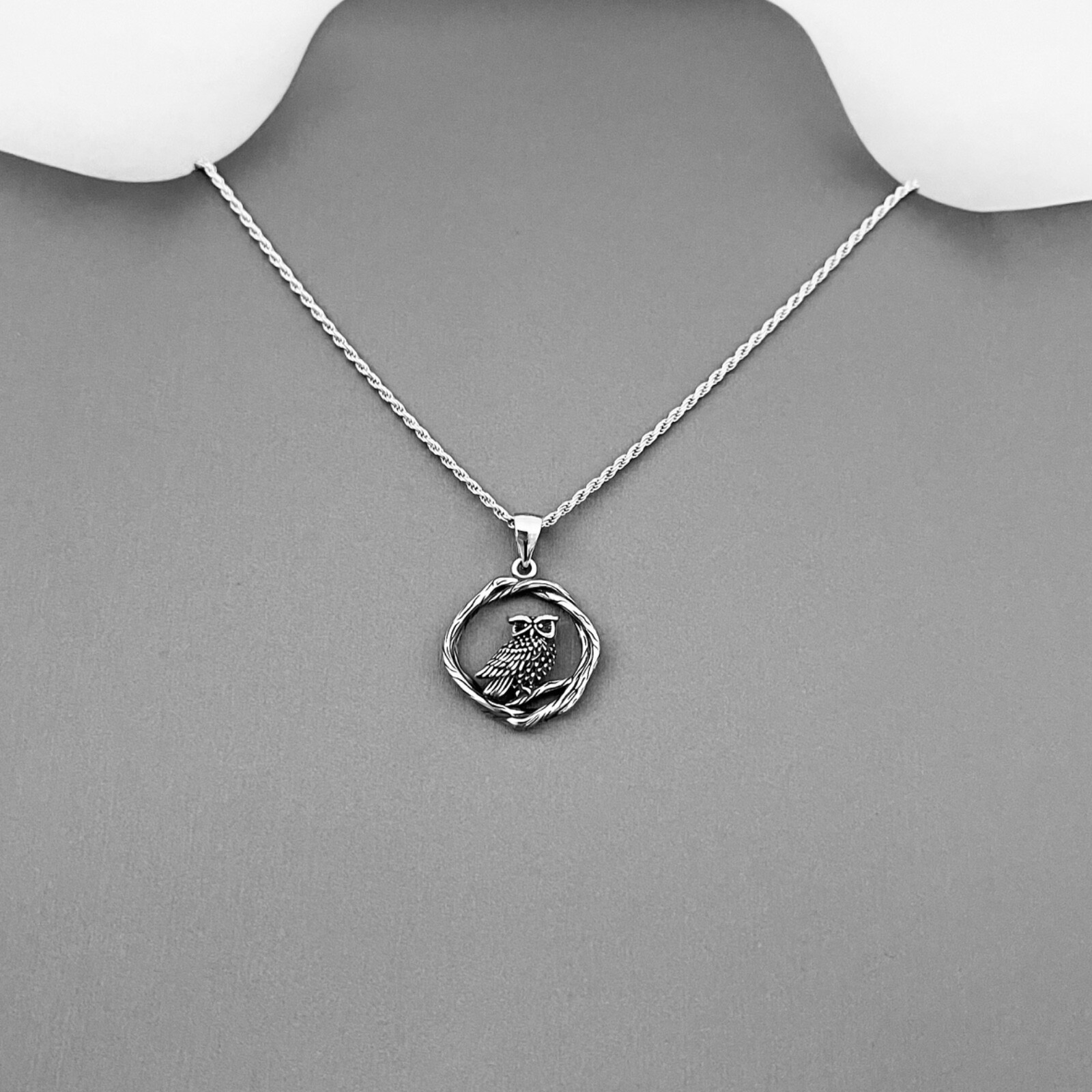 Sterling Silver Owl on Branch Necklace, Bird Chain, Owls, Animals, Spirit Birds
