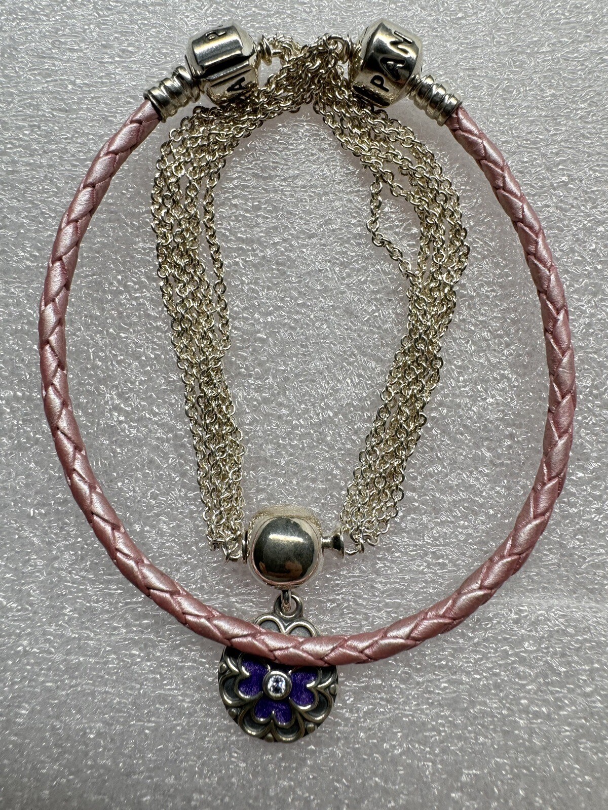 Pandora 15″ Pink Braided Leather Choker Chain Necklace Dangle Charm