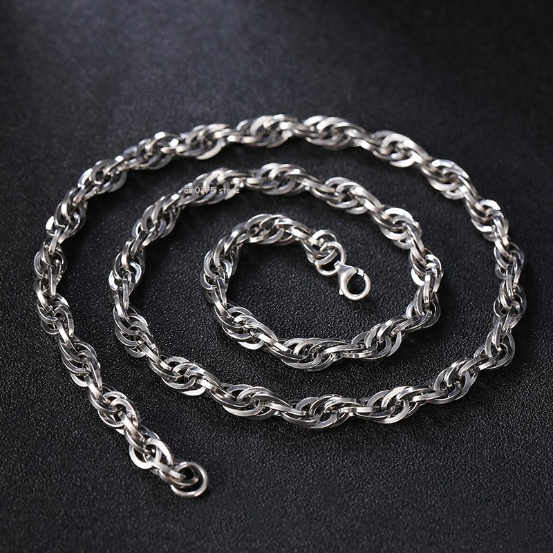 Real S925 Sterling Silver Necklace Women Men 6.5mm Twist Singapore Chain Link