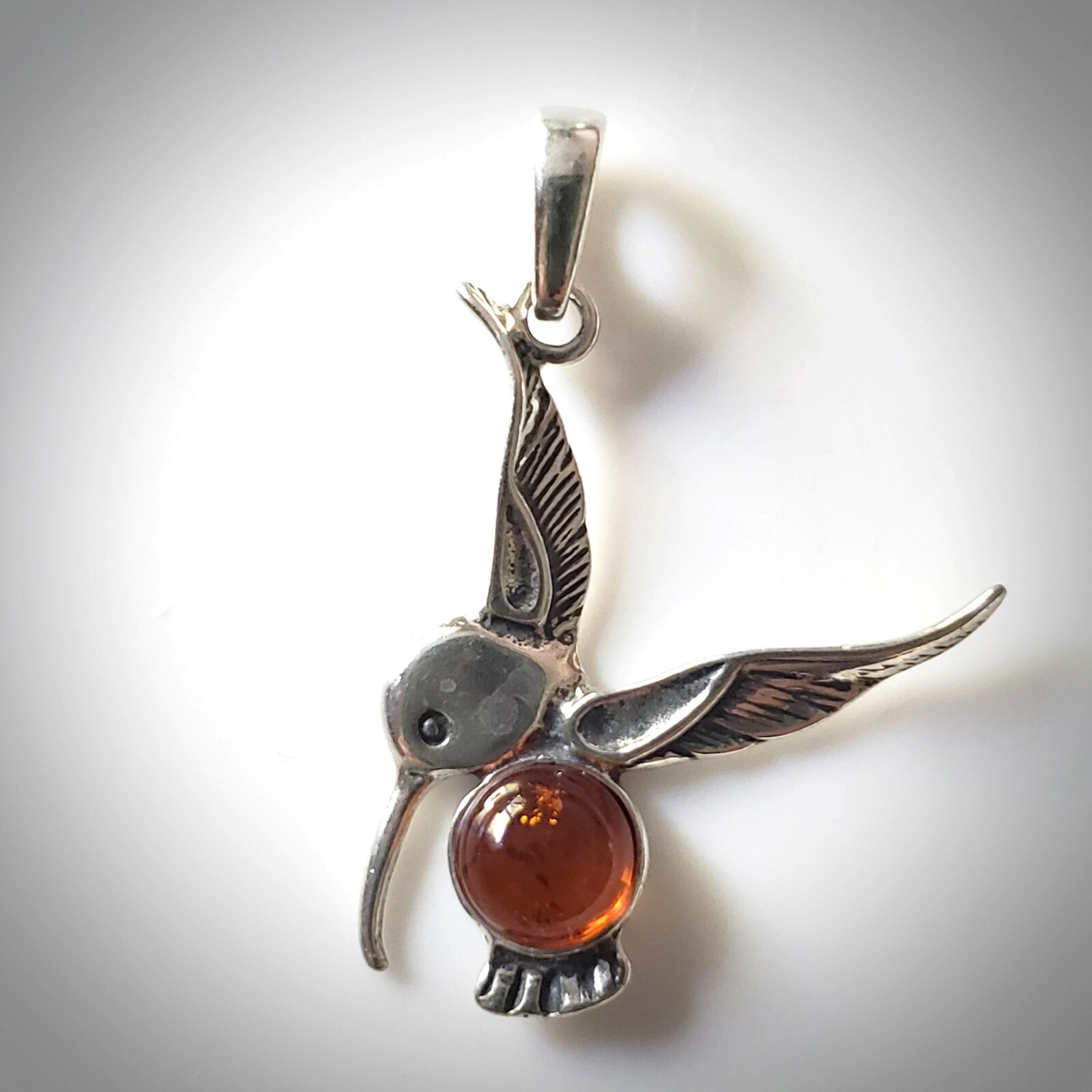 Sterling Silver Hummingbird Pendant with Natural Amber for Adults & Kids