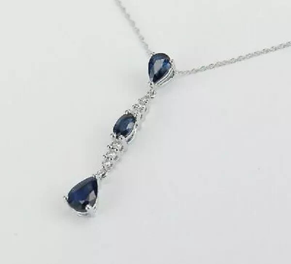 2Ct Pear Cut Blue Sapphire & Diamond Drop Pendant Necklace 14K White Gold Finish