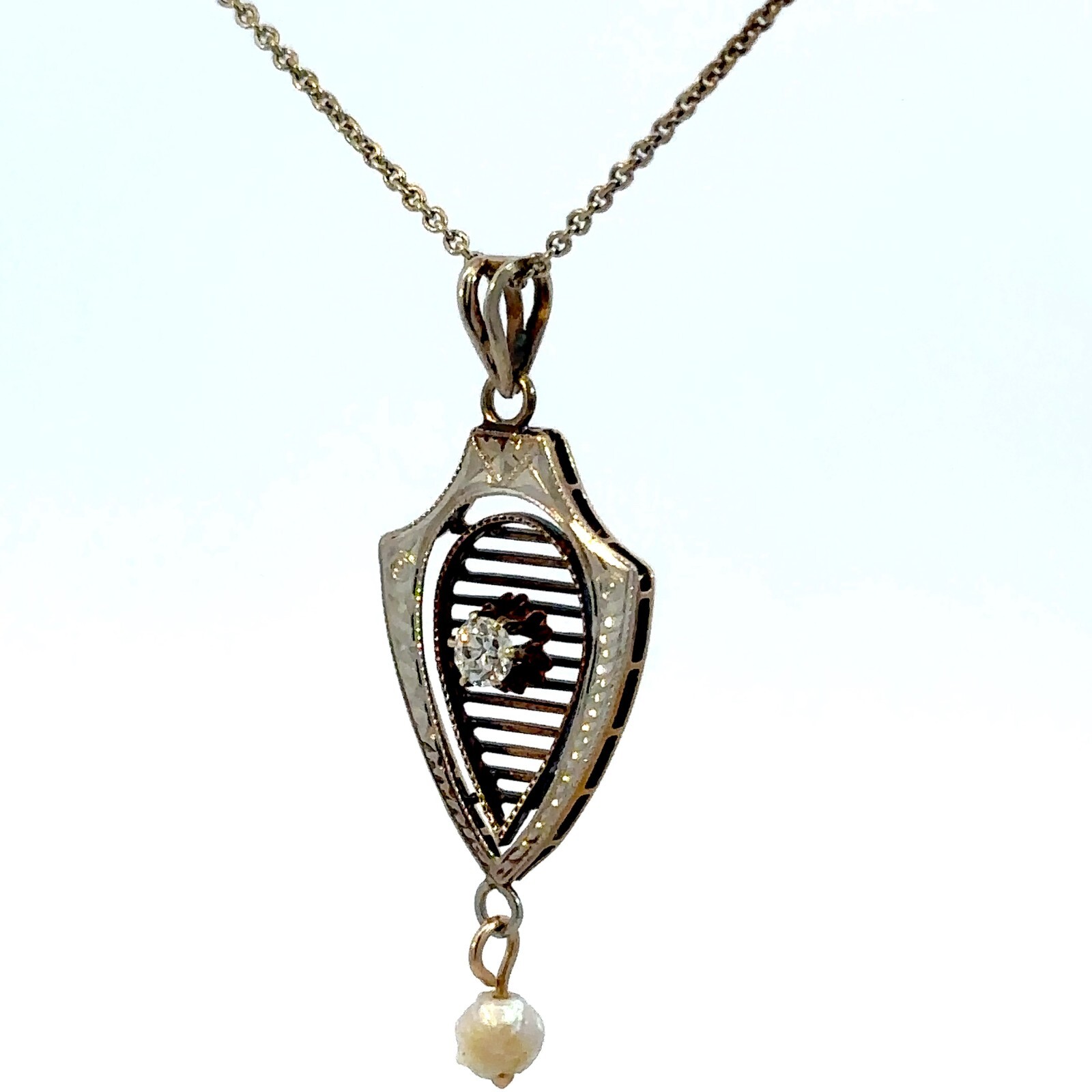 Vintage 14K Yellow Gold Diamond and Pearl Shield-Like Pendant Necklace 16″