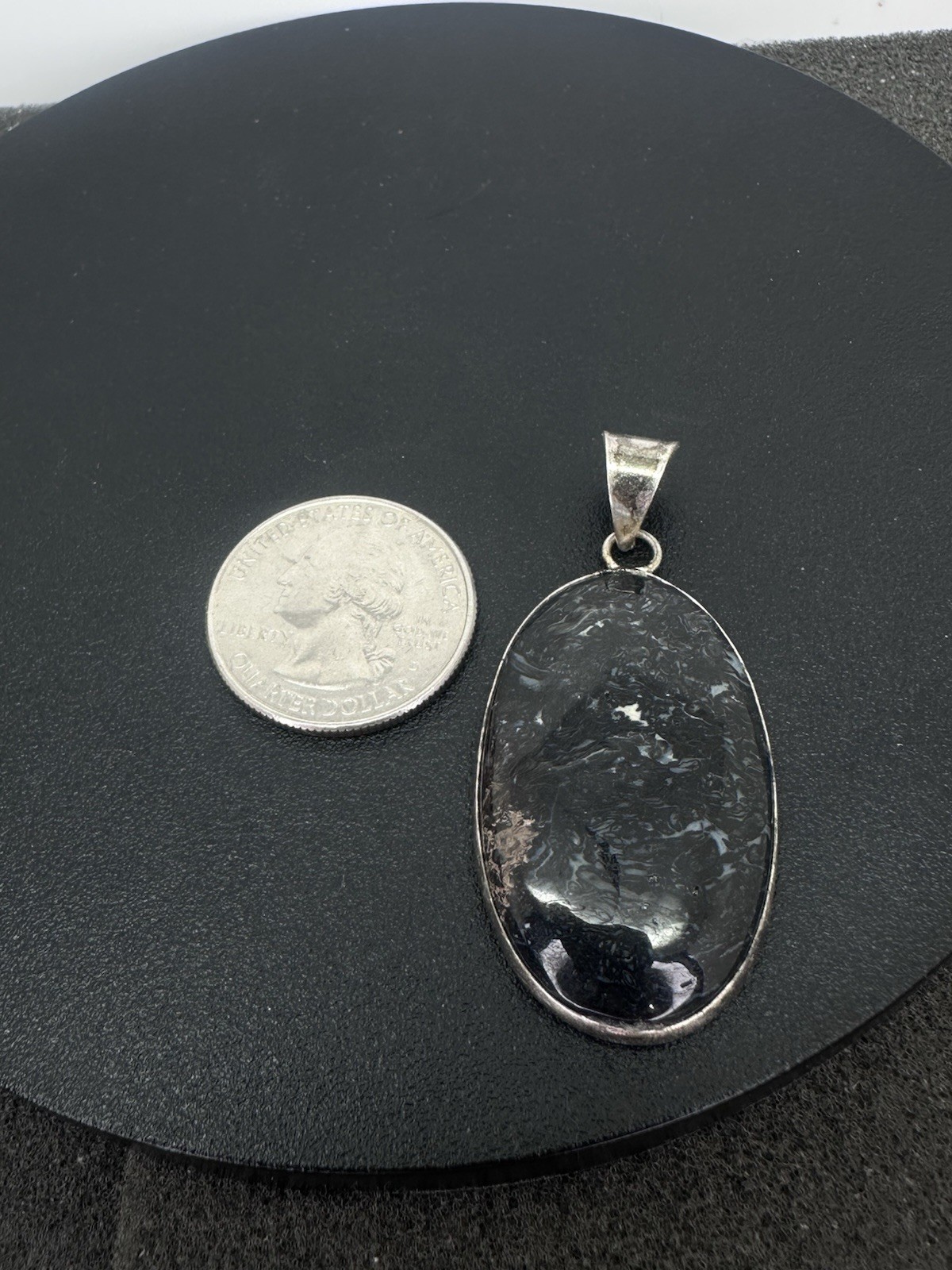 Sterling Silver Unknown Black Stone? Pendant Nice Large Flat Pendant