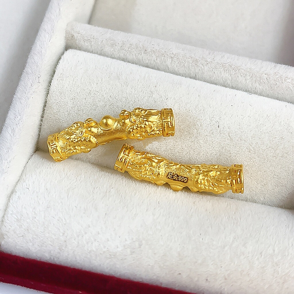 1PCS Pure 999 24K Yellow Gold Bead Lucky Dragon Phoenix Long Tube Bend Pendant
