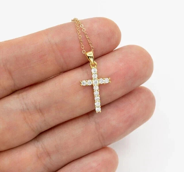 1.50 Ct Round Cut Real Moissanite Cross Women’s Pendant 14K Yellow Gold Plated