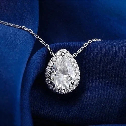 Real Moissanite 2.50Ct Pear Cut Women’s Teardrop Pendant 14K White Gold Plated