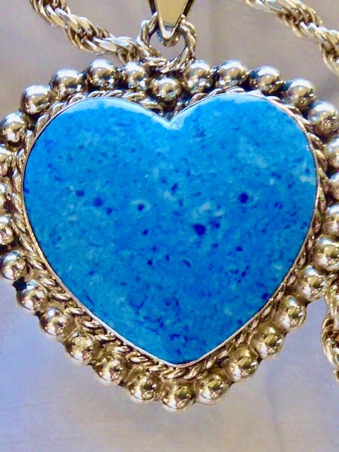 STUNNING 925 STERLING SILVER HEART SHAPE LAPIS TAXCO MEXICO PENDANT & CHAIN 26″