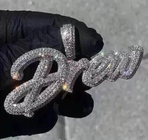 3 Ct Round Cut Real Moissanite Custom Name Men’s Pendant 14K White Gold Plated