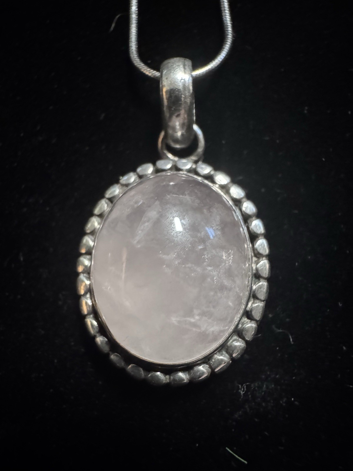 925 Sterling Silver Oval Natural Pink Quartz Bezel Pendant Snake Chain