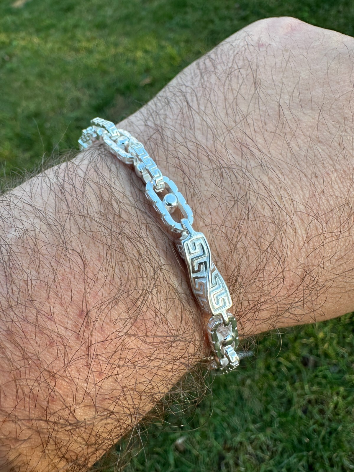 Real 7mm 925 Sterling Silver Custom Greek Key Hermes Rolo Link Chain Bracelet