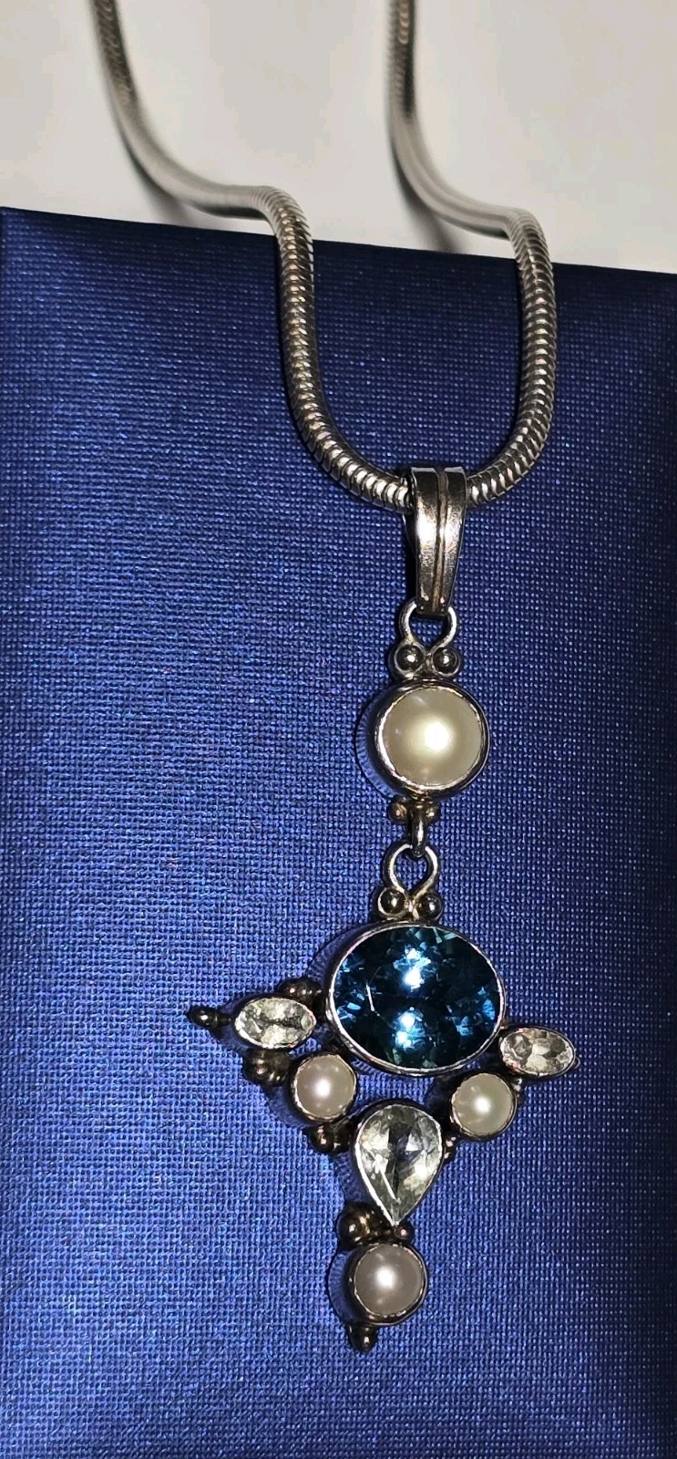 925 Sterling Silver Snake Chain Blue Stone Pearl Pendant 16″ Long