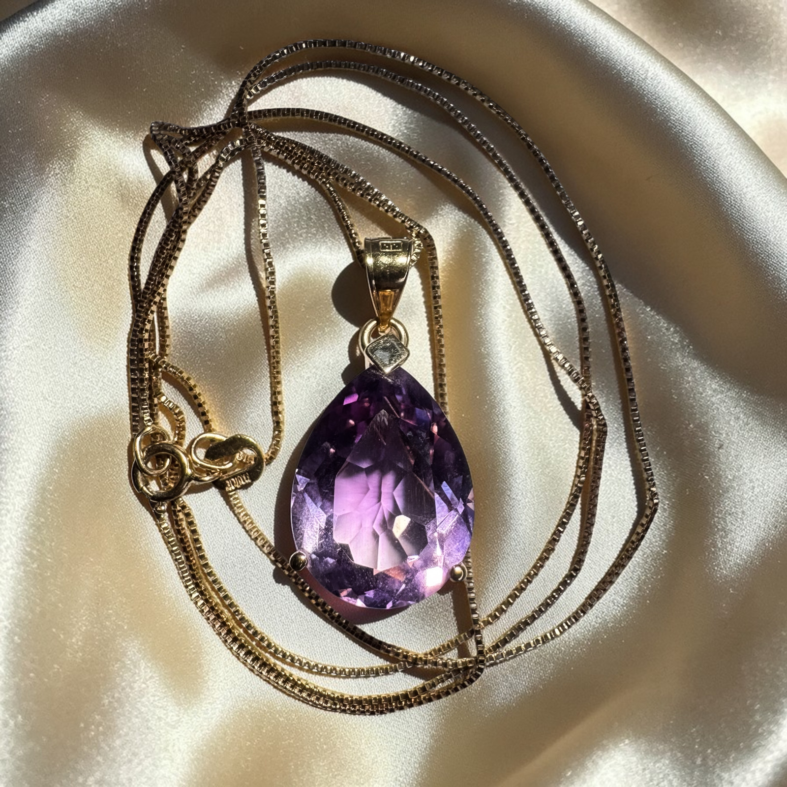 ESTATE- 14K Gold Natural Amethyst Necklace 24″ Large 7ct Pear Cut Solitaire 3.7g