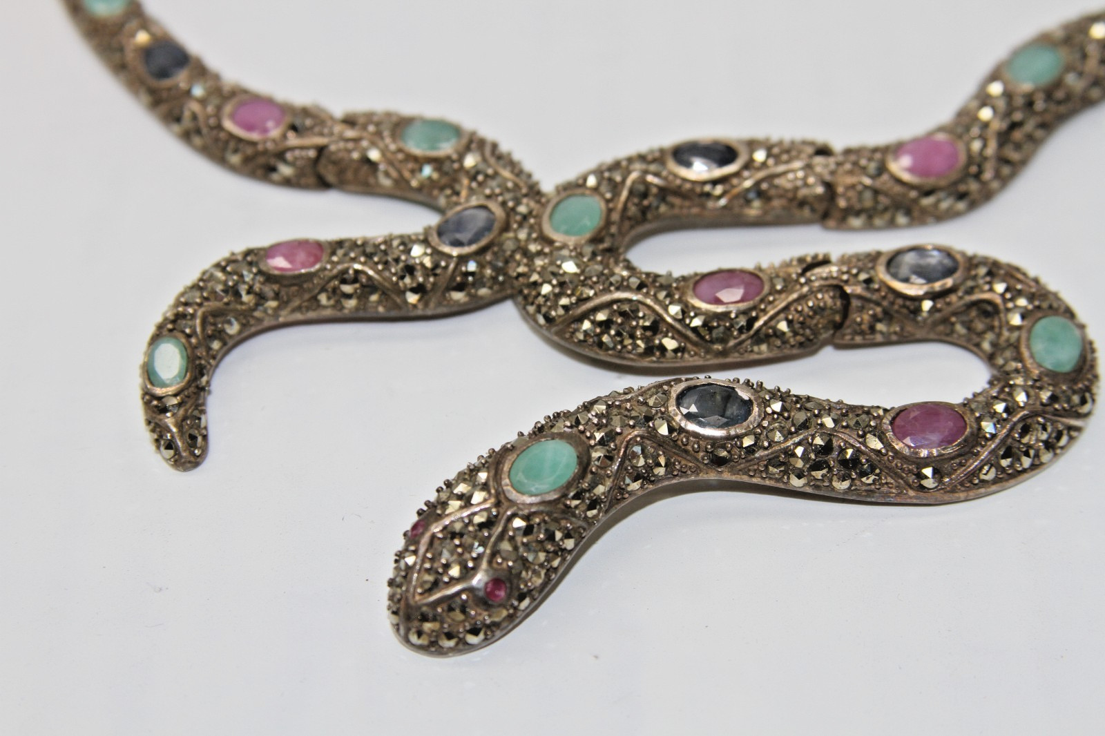 Ruby, Emerald, Sapphire, Marcasite Snake Necklace 925 Sterling Silver 77g