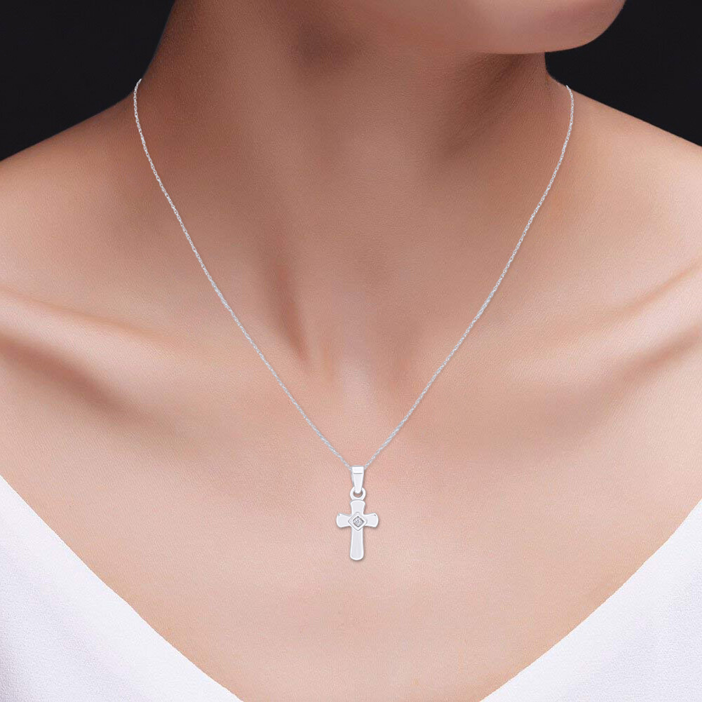 Sterling Silver Diamond Cross Pendant Necklace With Chain 16″