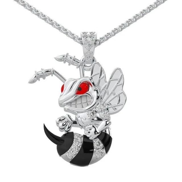 Men’s Angry bee Pendant Round Cut Real White Moissanite 14K White Gold Plated