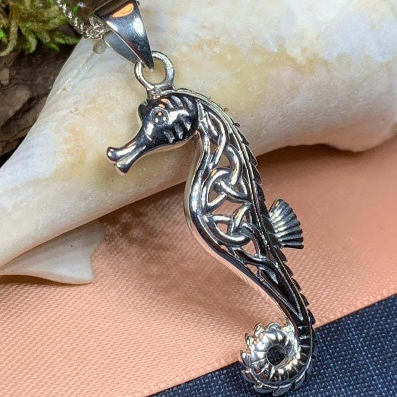 Seahorse Necklace Beach Ocean Large Celtic Ladies Pendant 925 W/FREE CHAIN