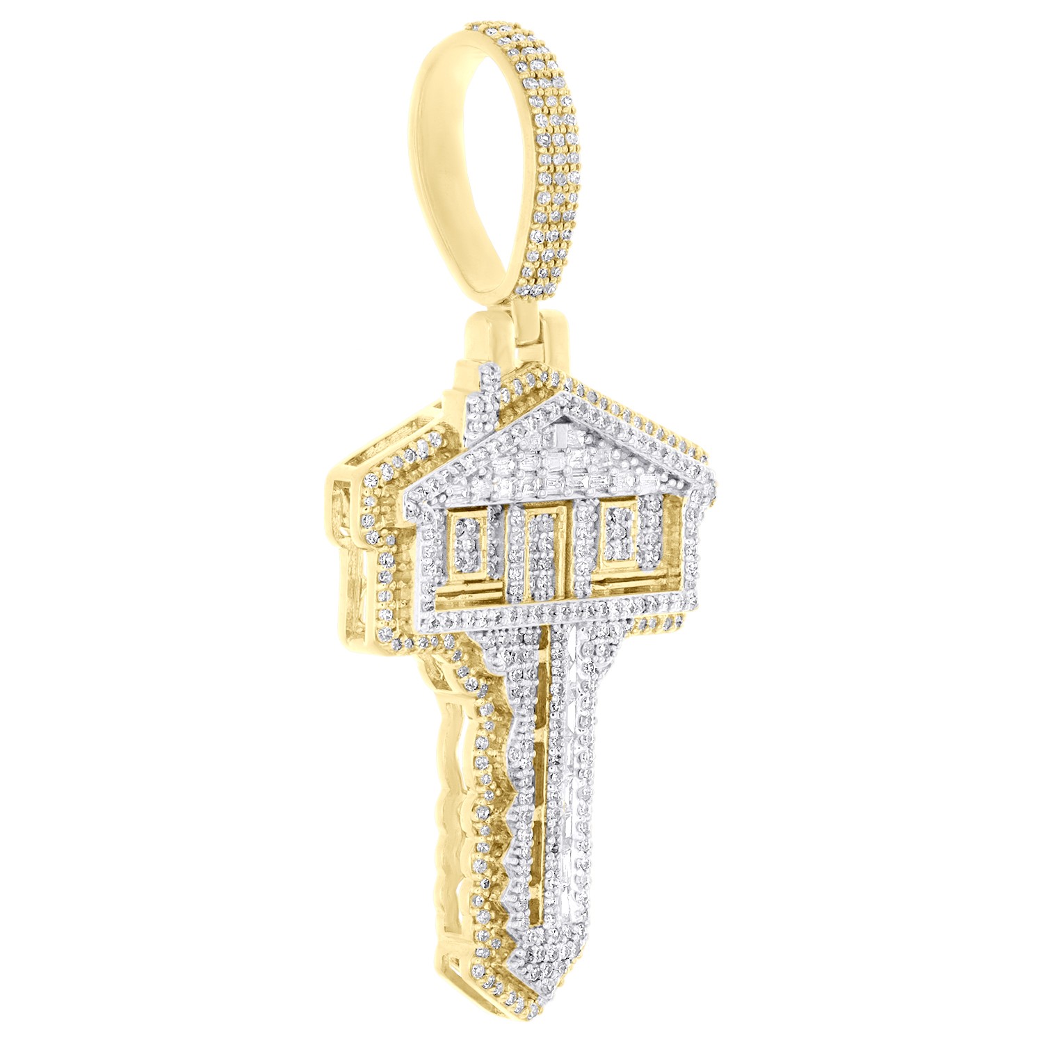 10K Yellow Gold Real Baguette Diamond 2″ Cluster Trap House Key Pendant 1.28 CT