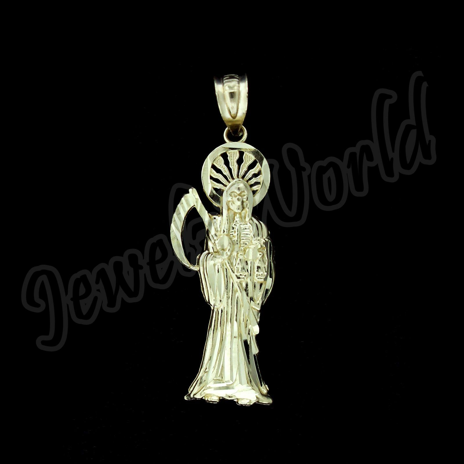 10K Yellow Gold Santa Muerte Grim Reaper Pendant & 2.5mm Cuban Curb Link Chain