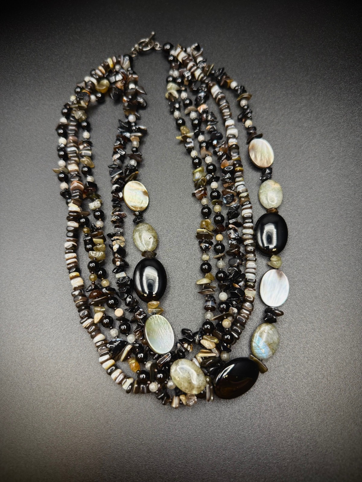 Lucas Lameth Moonstone, Shell, & Onyx Beaded Necklace 925