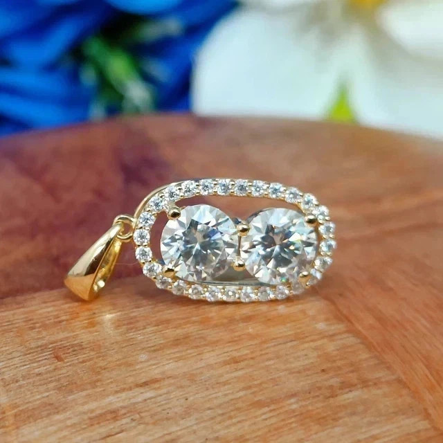 Real Moissanite 3Ct Round Cut Women’s Two Stone Pendant 14K Yellow Gold Plated