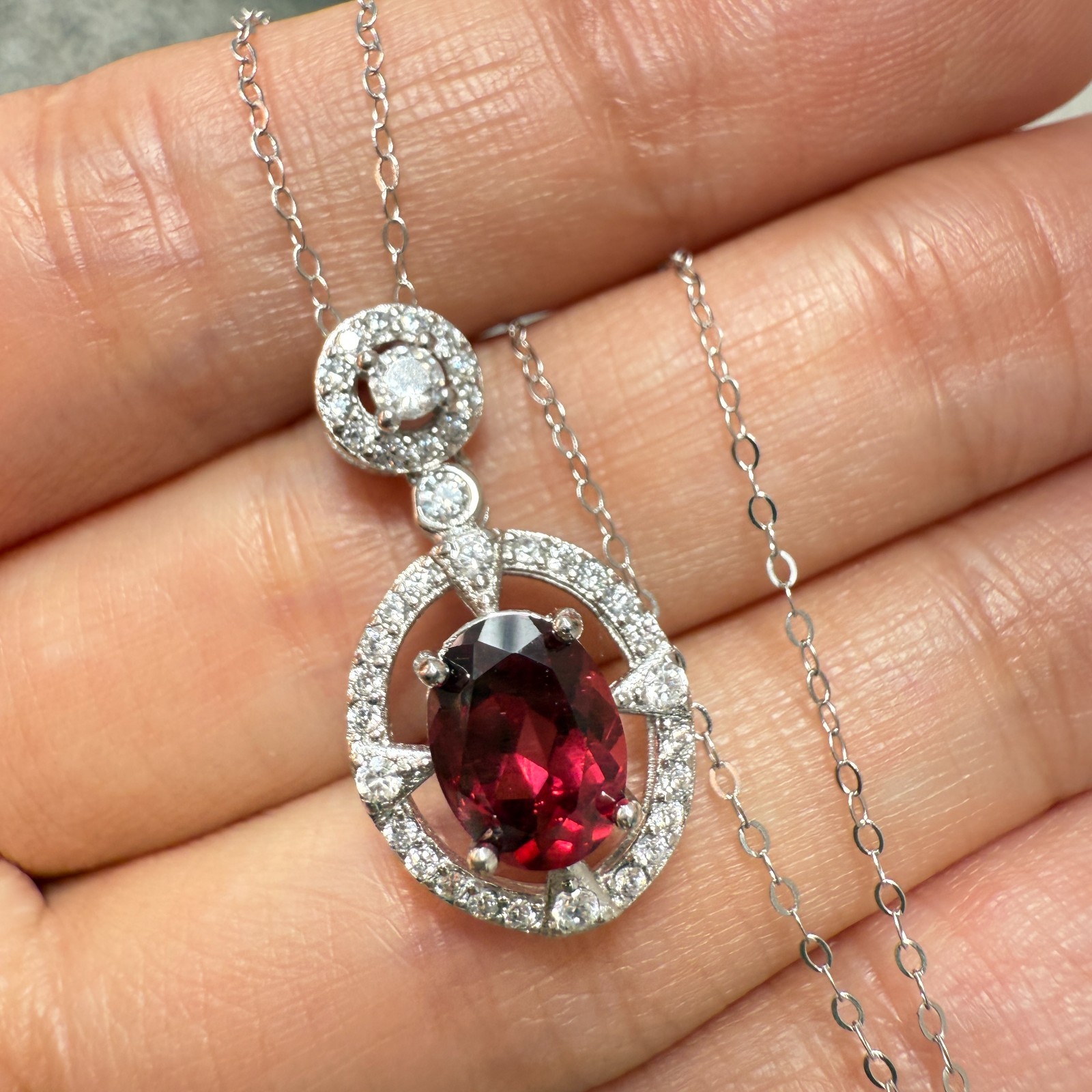 925 Sterling Silver Necklace 8x6mm Natural Garnet Zircon Flower Handmade Chain