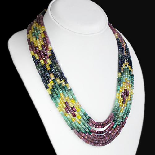 MOST AMAZING 7 LINE 563.00 CTS NATURAL RUBY, EMERALD & SAPPHIRE BEADS NECKLACE