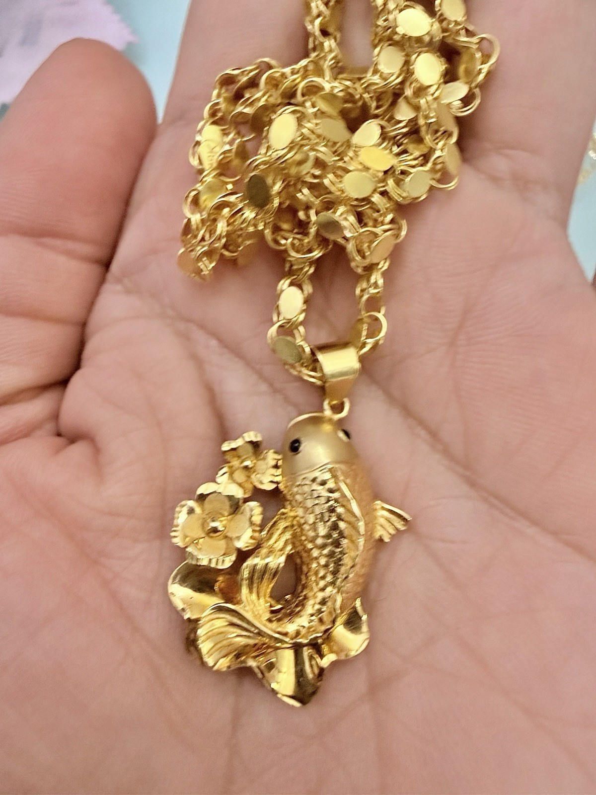 Solid 18k Damascus Yellow Gold Chain 20” Japan Koi Fish Necklace Men Women