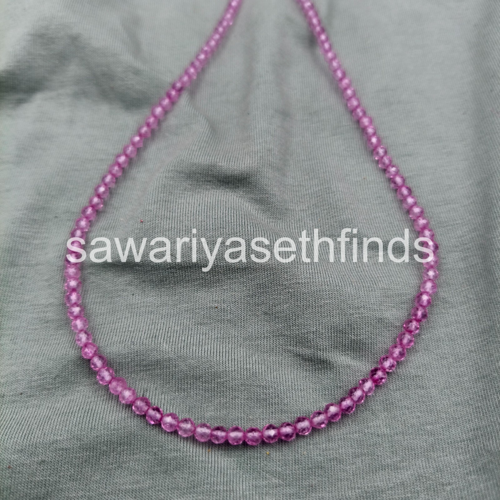 Pink Topaz 3mm Faceted Round Beaded Necklace, Sterling Silver Clasp, Minimal Lay