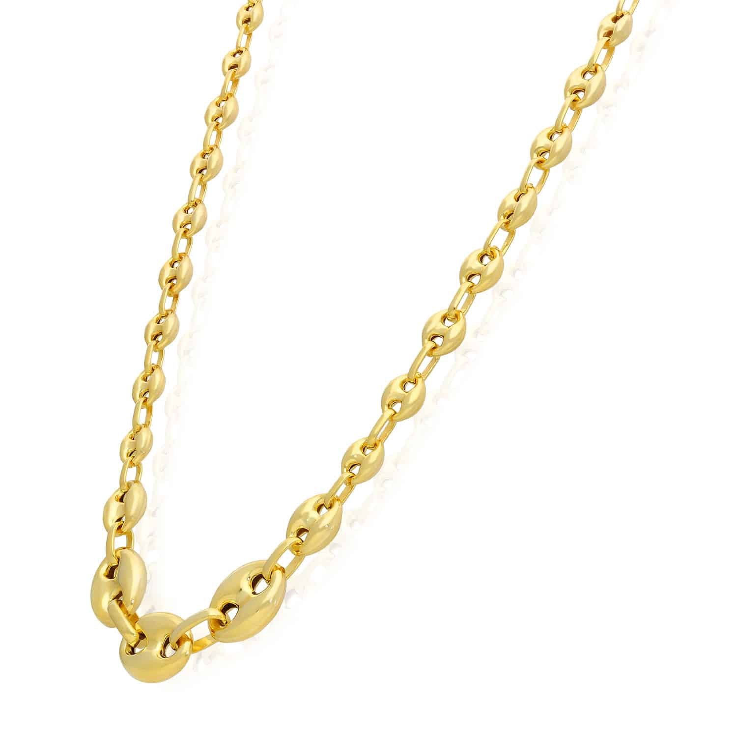18K Yellow Gold Over Silver Puffed Anchor Mariner Graduated Necklace 17″