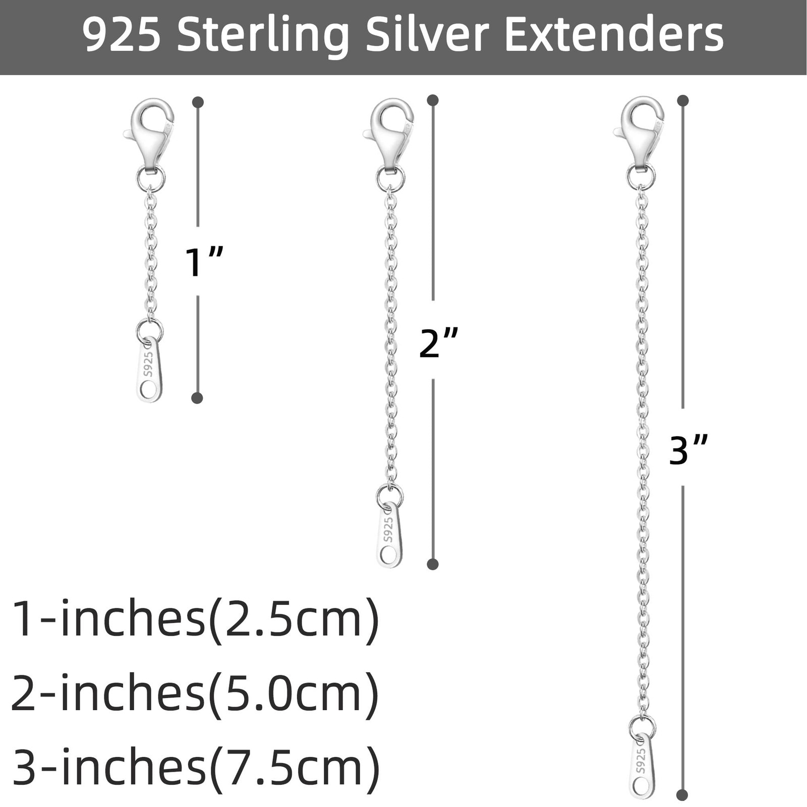 3 Pcs 925 Sterling Silver Necklace Chain Extenders for Bracelet, 1/2/3 Inch